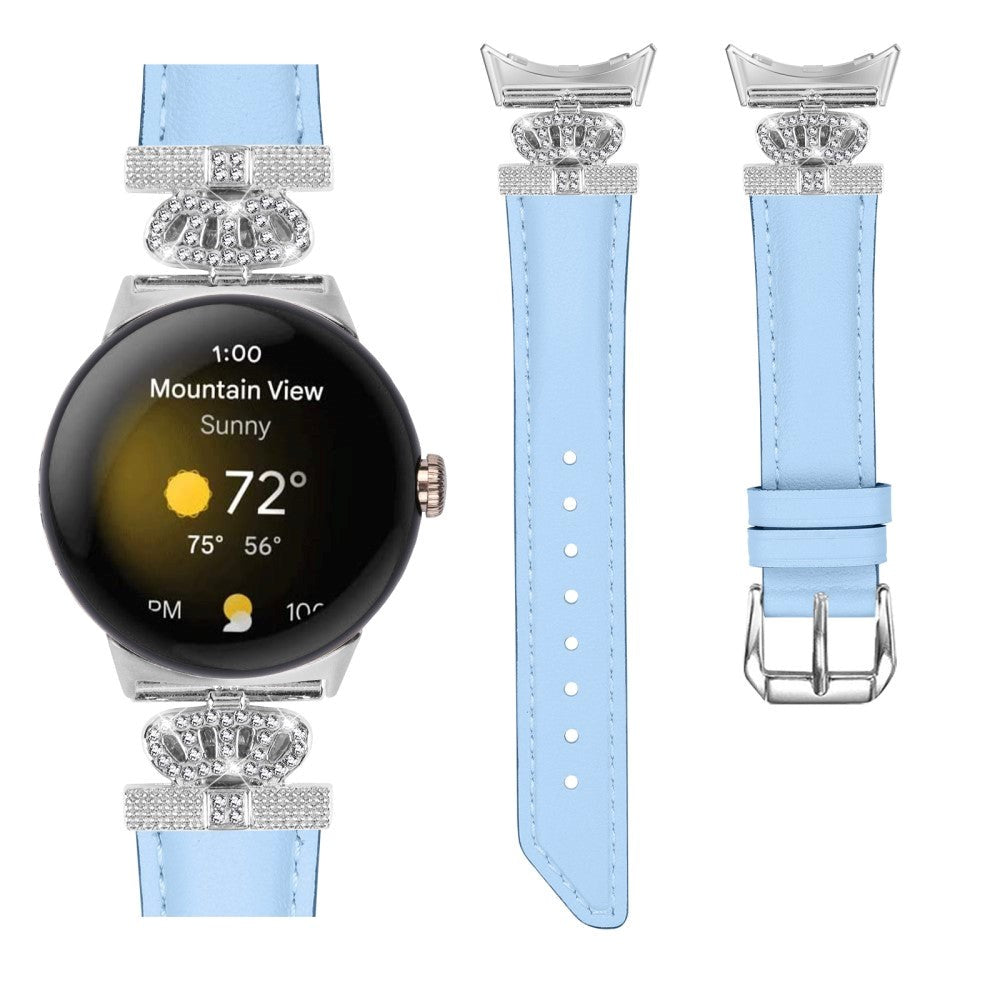Google Pixel Watch 1 / 2 / 3 (41mm) Leather Strap w. Silver Rhinestone Buckle - Blue