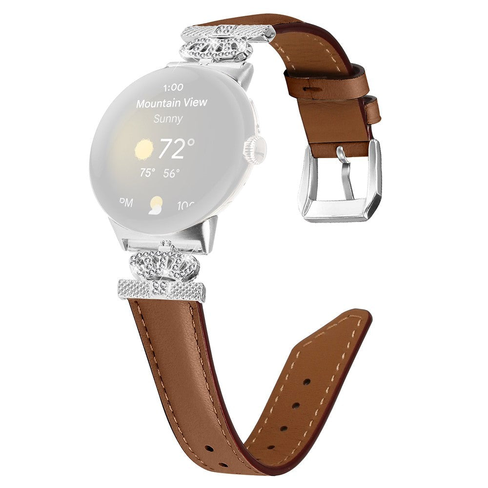 Google Pixel Watch 1 / 2 / 3 (41mm) Leather Strap w. Silver Rhinestone Buckle - Brown