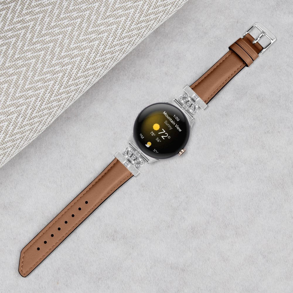 Google Pixel Watch 1 / 2 / 3 (41mm) Leather Strap w. Silver Rhinestone Buckle - Brown