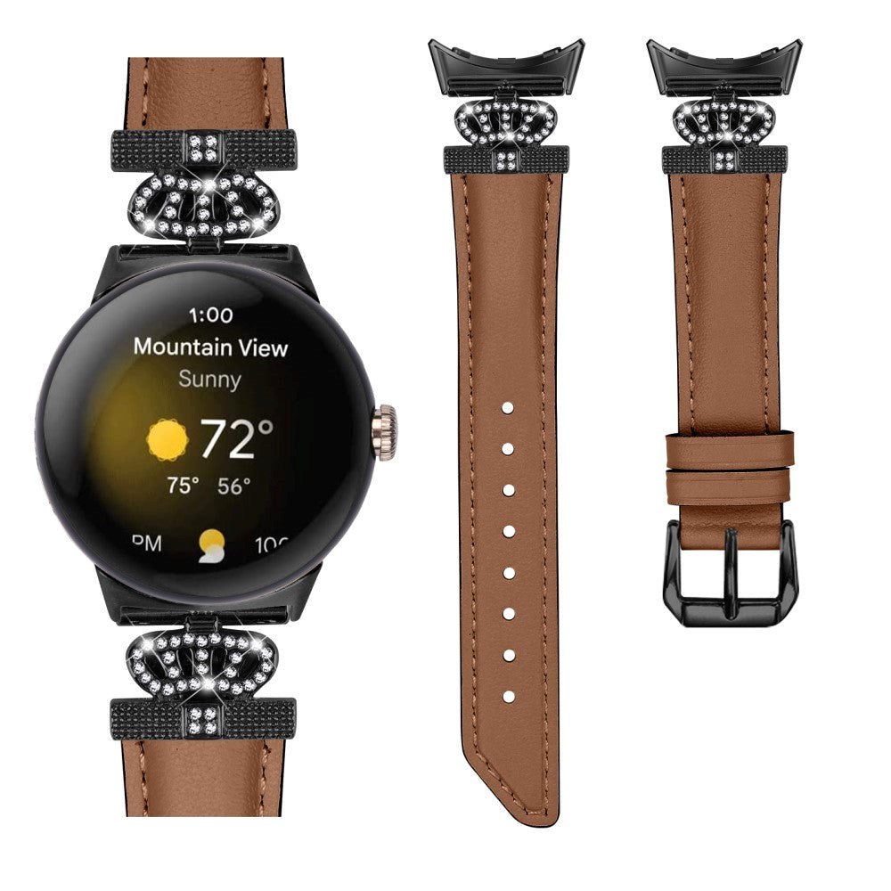 Google Pixel Watch 1 / 2 / 3 (41mm) Leather Strap w. Black Rhinestone Buckle - Brown