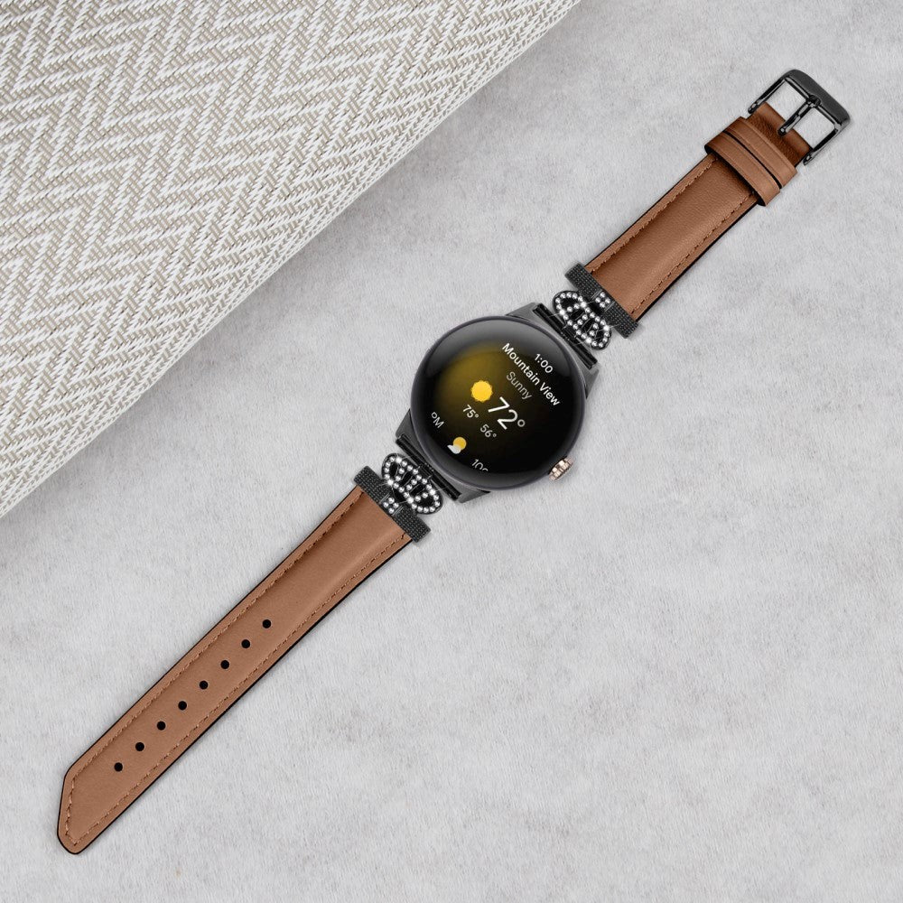 Google Pixel Watch 1 / 2 / 3 (41mm) Leather Strap w. Black Rhinestone Buckle - Brown