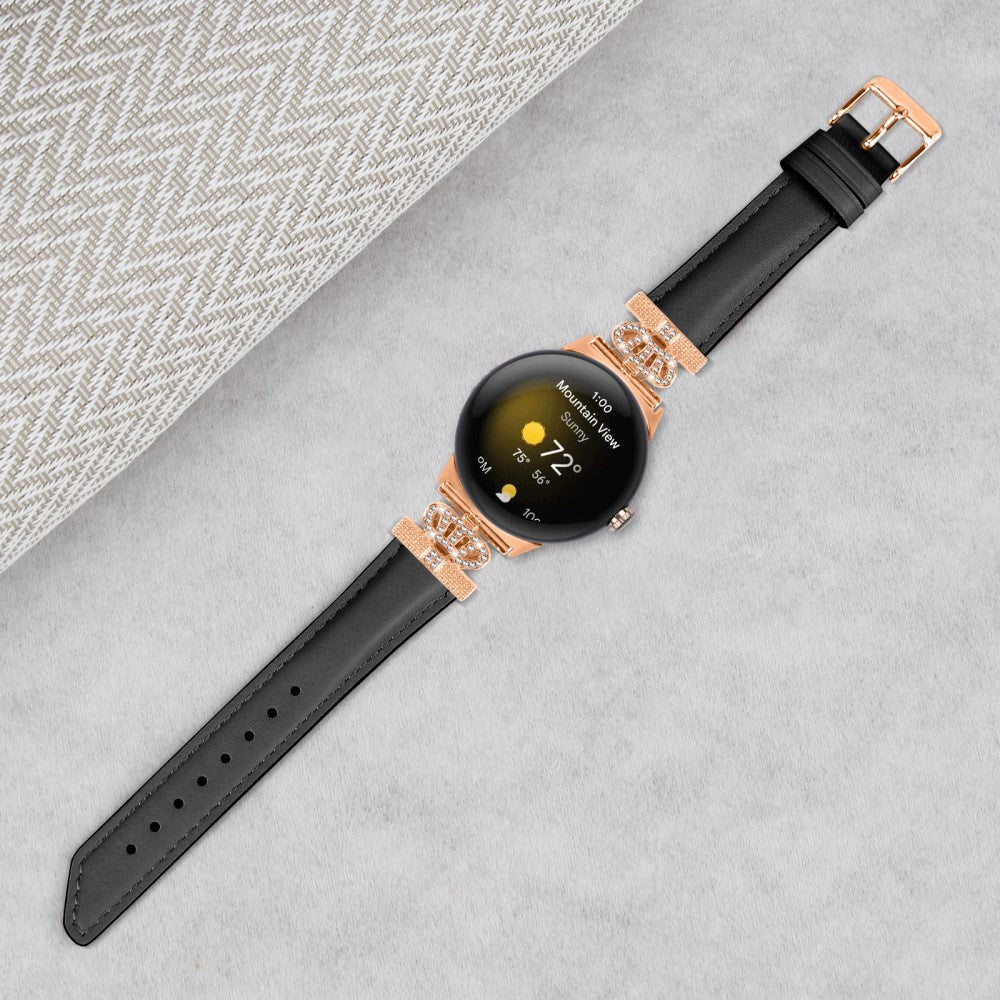 Google Pixel Watch 1 / 2 / 3 (41mm) Leather Strap w. Rose Gold Rhinestone Buckle - Black