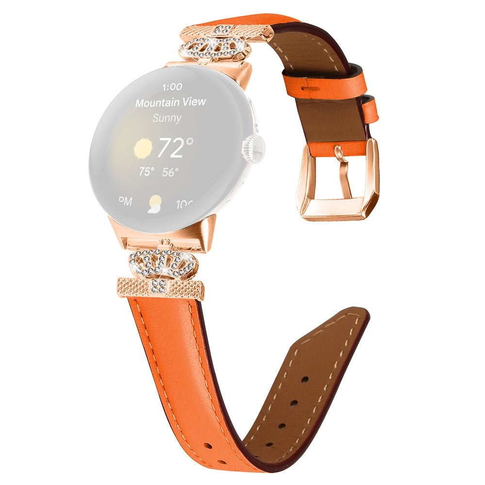 Google Pixel Watch 1 / 2 / 3 (41mm) Leather Strap w. Rose Gold Rhinestone Buckle - Orange