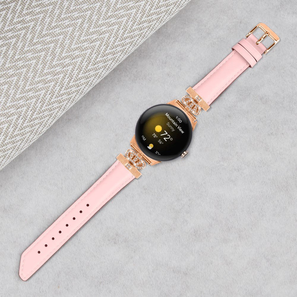 Google Pixel Watch 1 / 2 / 3 (41mm) Leather Strap w. Rose Gold Rhinestone Buckle - Pink