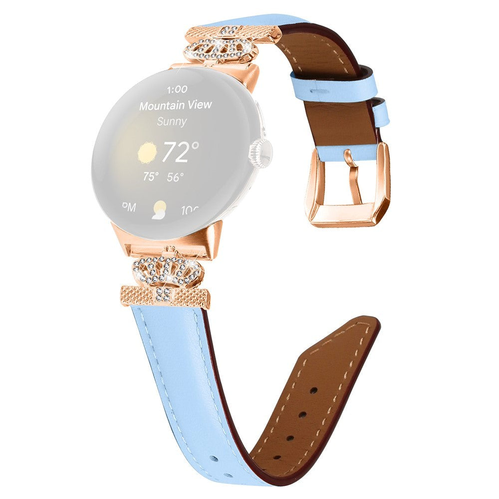 Google Pixel Watch 1 / 2 / 3 (41mm) Leather Strap w. Rose Gold Rhinestone Buckle - Blue