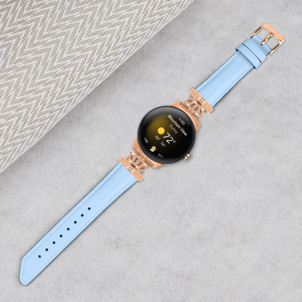 Google Pixel Watch 1 / 2 / 3 (41mm) Leather Strap w. Rose Gold Rhinestone Buckle - Blue