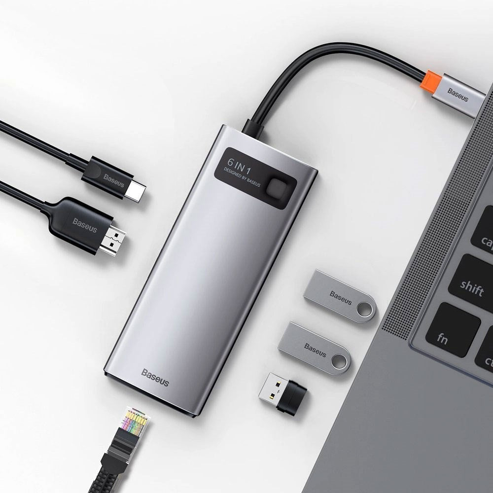 Baseus 6-in-1 USB-C Multiport Adapter with 3 x USB-A 1 x USB-C 1 x HDMI 1 x RJ45 - Grey