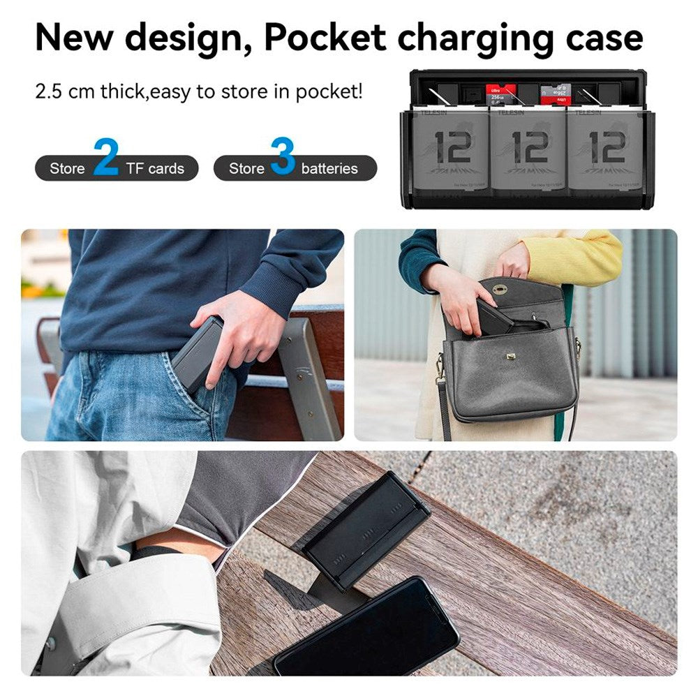 TELESIN Battery Charging Case & 2x Stamina Battery Kit for GoPro Hero 9 / 10 / 11 / 12 - Black