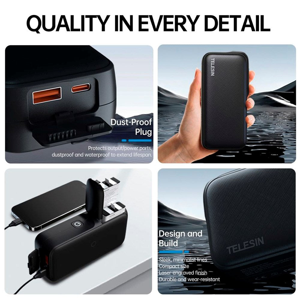TELESIN PowerBank Battery Charger for GoPro Hero 13 & Smartphones - Black