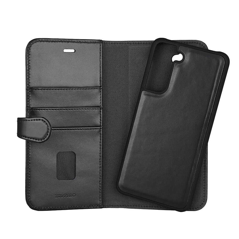 Samsung Galaxy S21 FE Buffalo Wallet Genuine Leather Magnet Wallet Case - Black