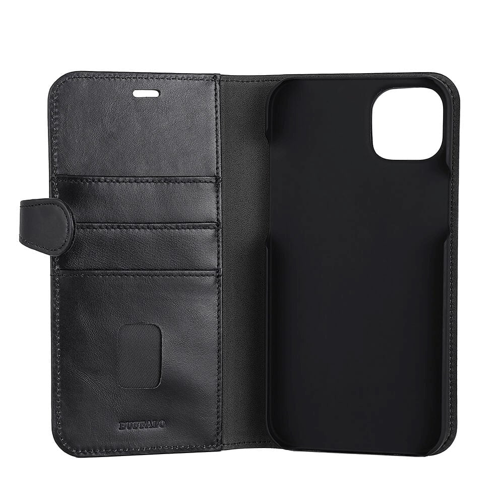 iPhone 14 Plus Buffalo Wallet Genuine Leather Magnet Wallet Case - Black