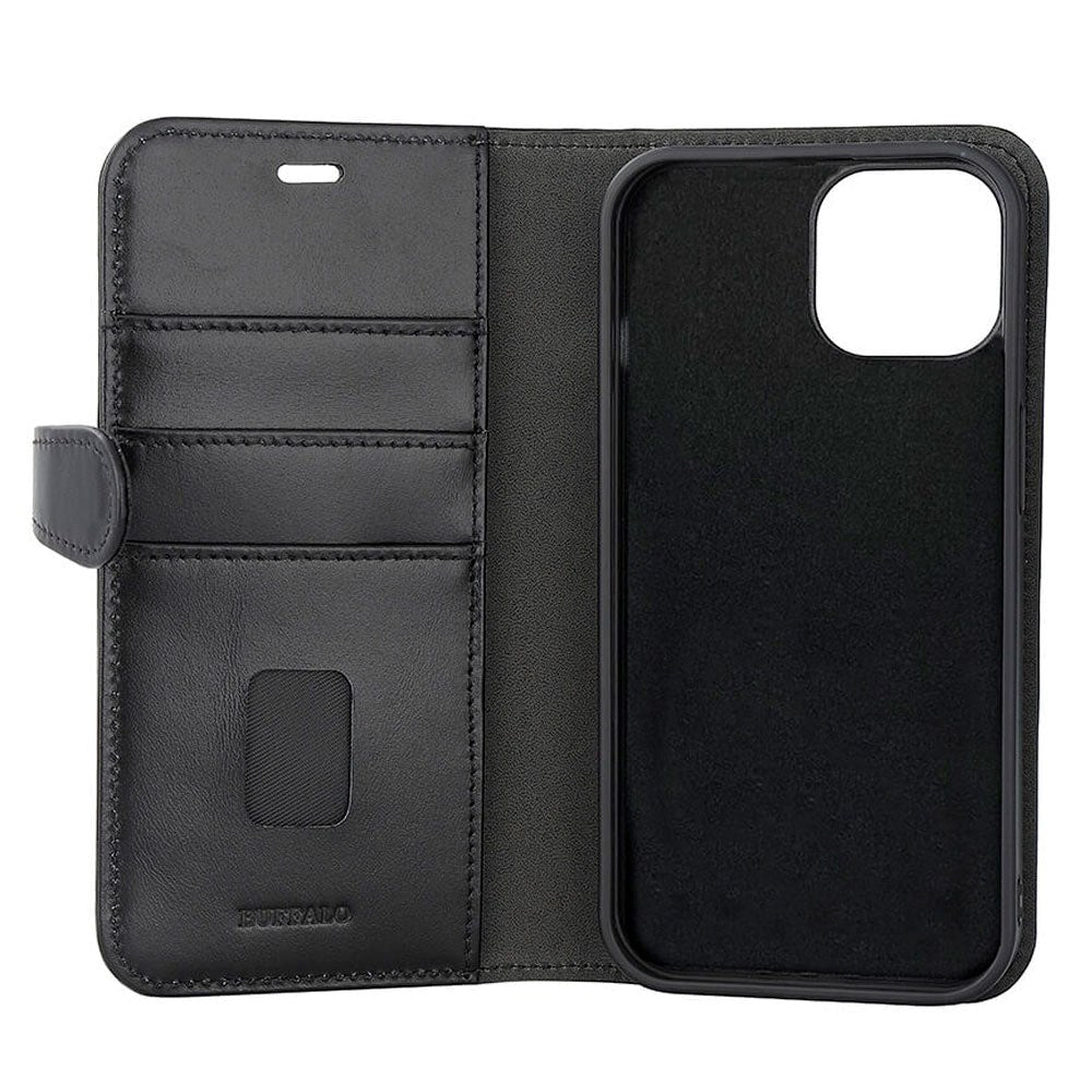 iPhone 15 Buffalo 2-in-1 Wallet Genuine Leather Magnet Flip Case with Wallet - Black
