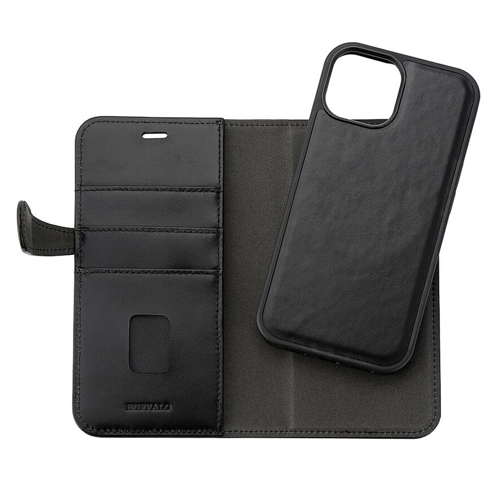 iPhone 15 Buffalo 2-in-1 Wallet Genuine Leather Magnet Flip Case with Wallet - Black
