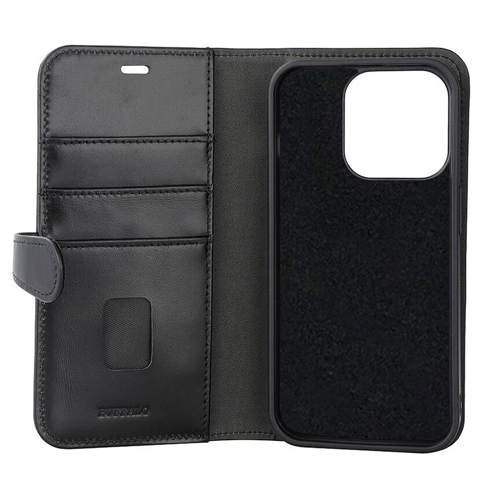 iPhone 15 Pro Buffalo 2-in-1 Wallet Genuine Leather Magnet Flip Case with Wallet - Black