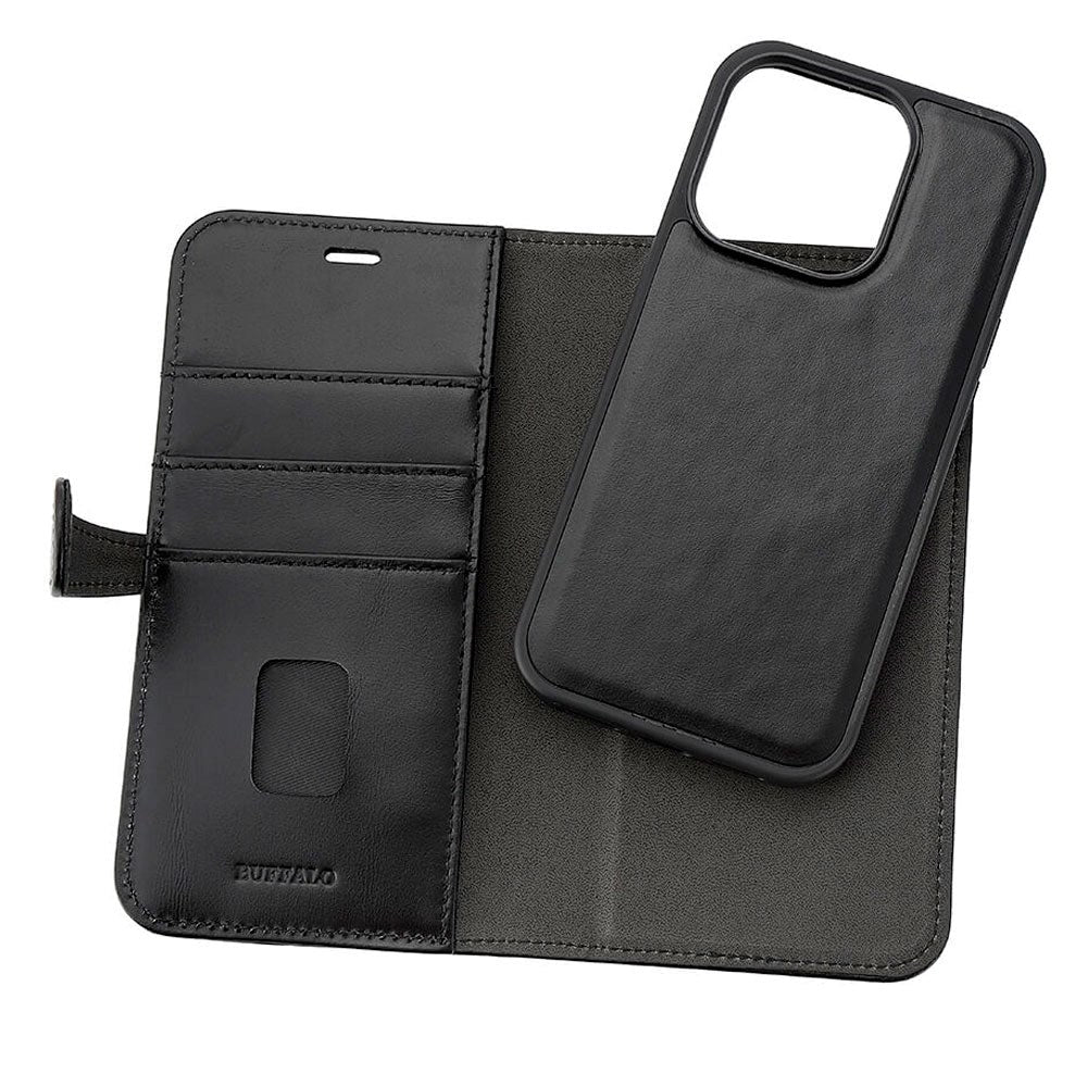 iPhone 15 Pro Buffalo 2-in-1 Wallet Genuine Leather Magnet Flip Case with Wallet - Black