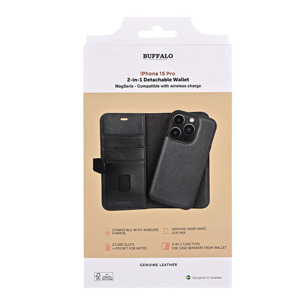 iPhone 15 Pro Buffalo 2-in-1 Wallet Genuine Leather Magnet Flip Case with Wallet - Black