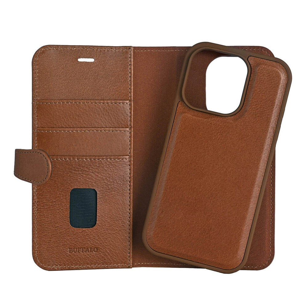 iPhone 16 Pro Buffalo 2-in-1 Wallet Genuine Leather Magnet Flip Case with Wallet - MagSafe Compatible - Brown