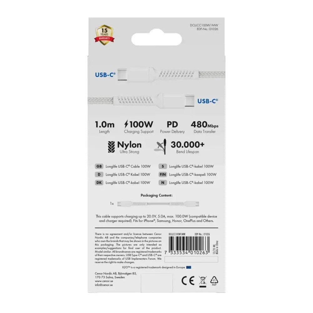 X2O Longlife 100W USB-C to USB-C Cable - 1m - White