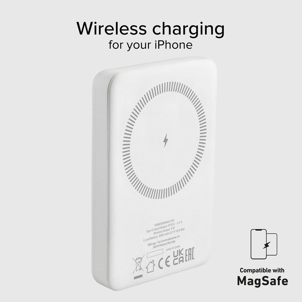 SBS Mag PowerBank 5000 mAh w. USB-C & Wireless Charging - White