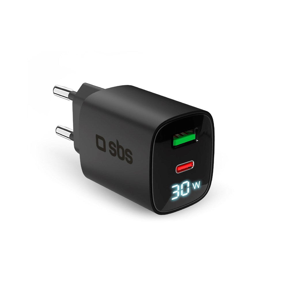 SBS - 30W LCD Wall Charger with 1x USB-A & 1x USB-C - Black