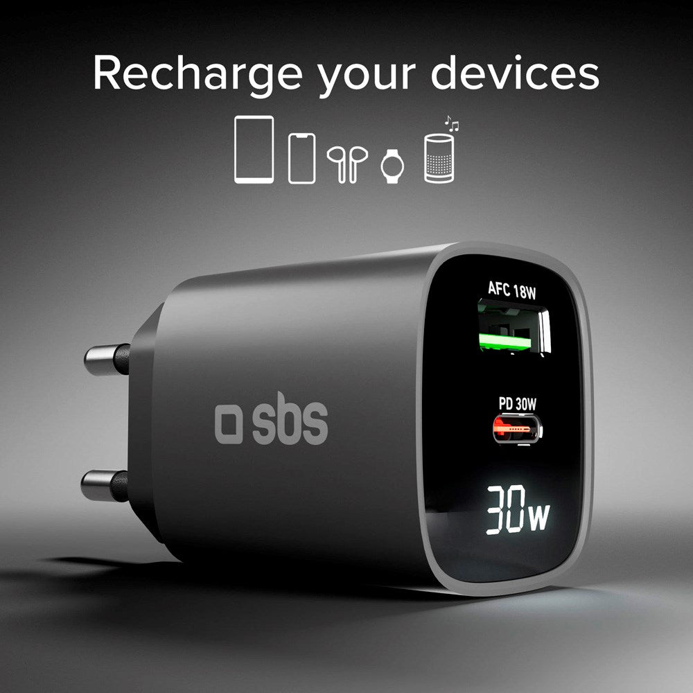 SBS - 30W LCD Wall Charger with 1x USB-A & 1x USB-C - Black