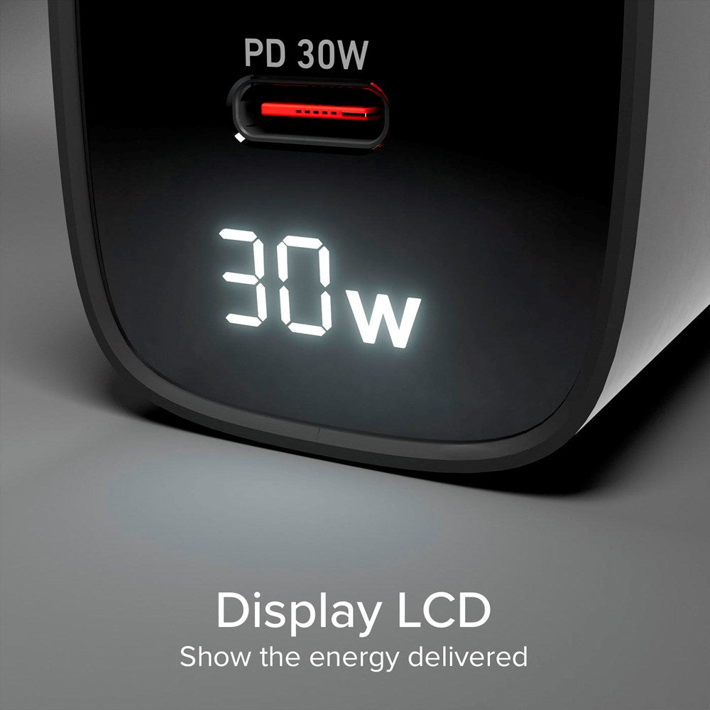 SBS - 30W LCD Wall Charger with 1x USB-A & 1x USB-C - Black