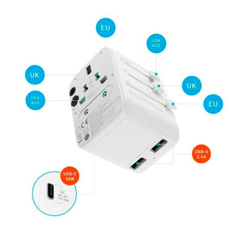 Fixed Universal Travel Adapter 30W EU / UK / USA / AUS - White