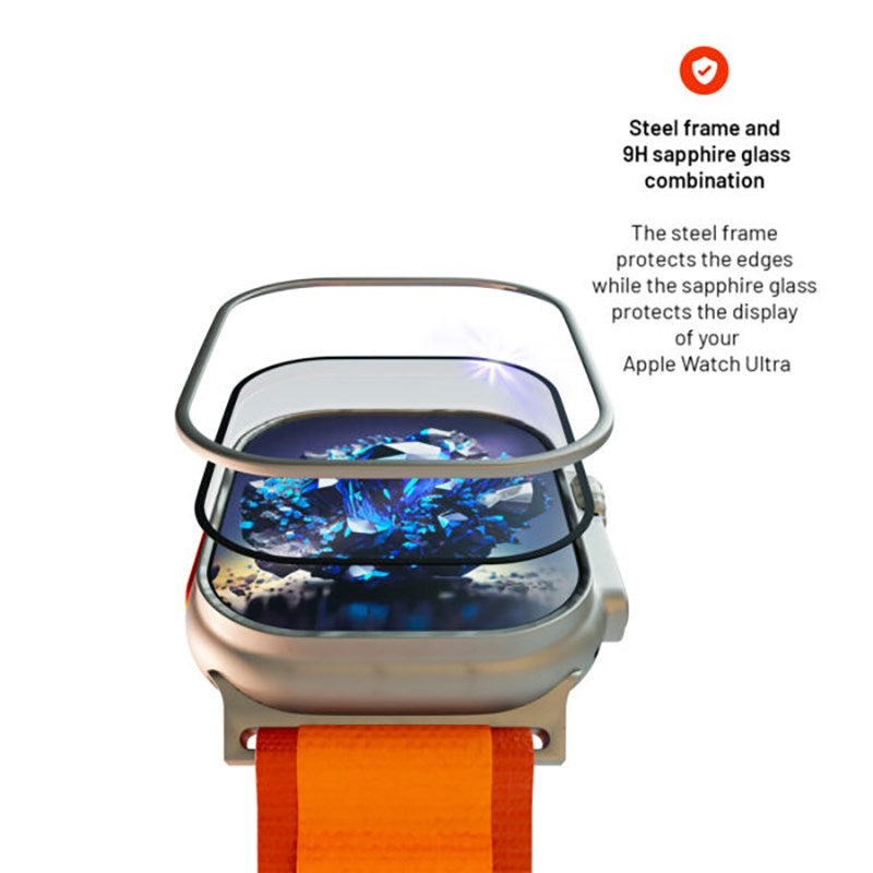 Apple Watch Ultra 3/2/1 (49mm) Fixed Sapphire Glass Screen Protector w. Metal Frame - Transparent