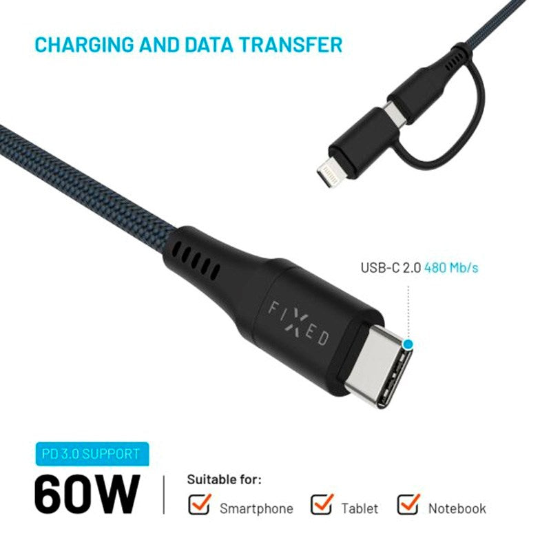 Fixed 2-in-1 60W USB-C to Lightning Cable 2m - Black