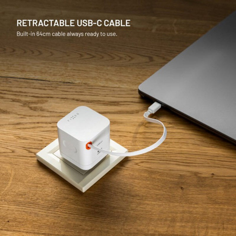 Fixed 65W USB-C Wall Charger with Retractable USB-C Cable - White