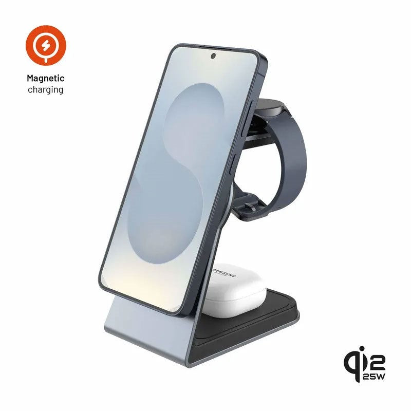 Fixed 3-in-1 Wireless Samsung Charger - MagSafe / Qi2 Compatible - Grey