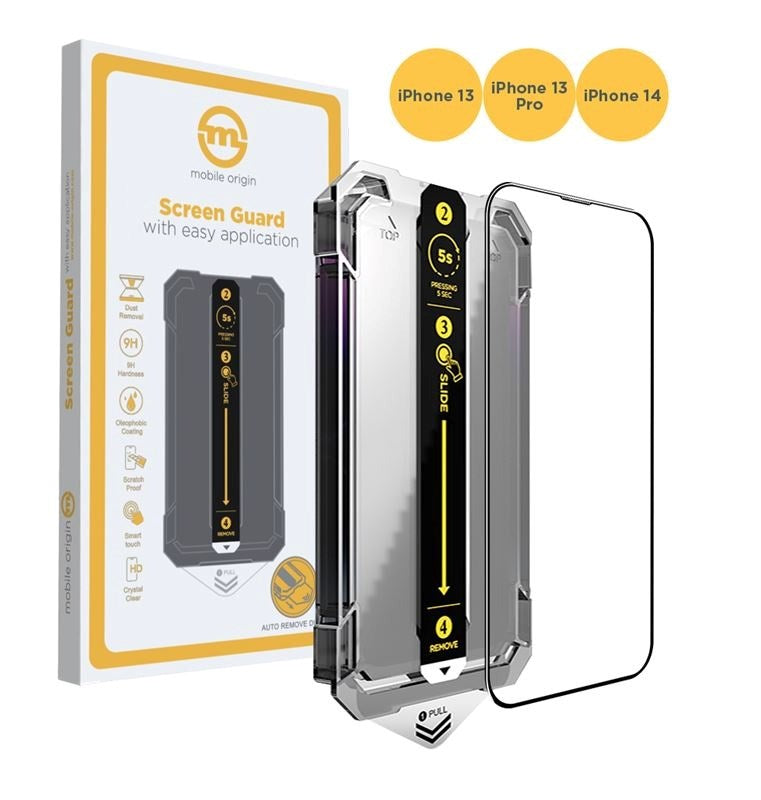 iPhone 16e / 14 / 13 / 13 Pro Mobile Origin Screen Protector Glass with Applicator - Transparent / Black Edge