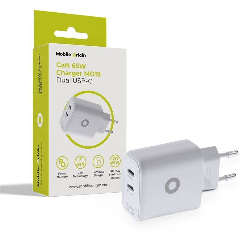 Mobile Origin GaN 65W Wall Charger with 2 x USB-C - White