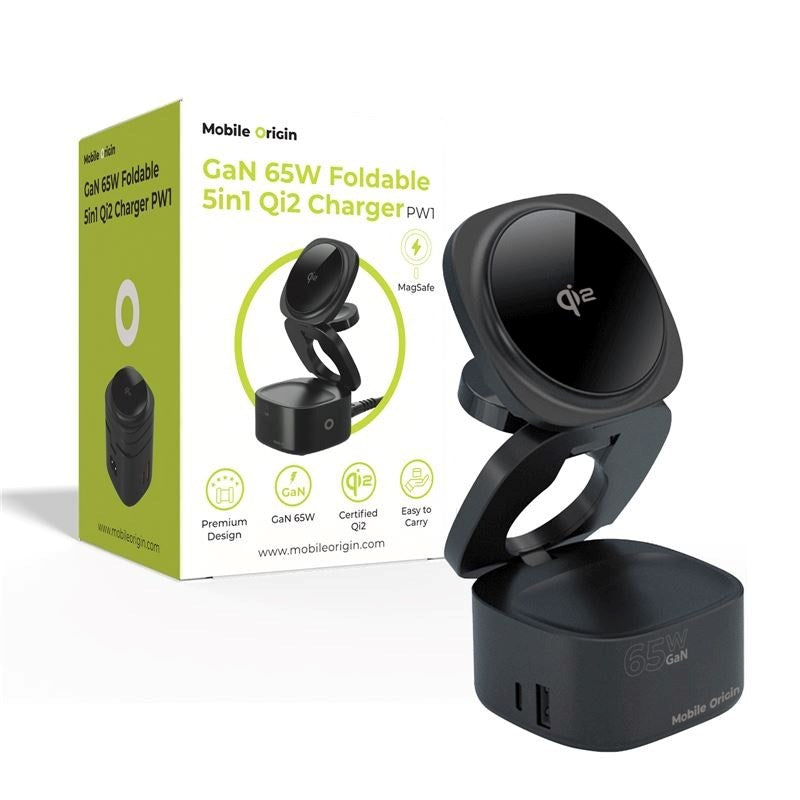 Mobile Origin Foldable Qi2 5-in-1 Wireless Charger - 65W - Black