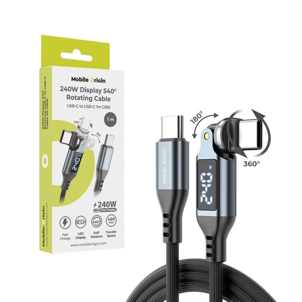 Mobile Origin 240W Display 540° Rotating USB-C to USB-C Cable - 1m - Black