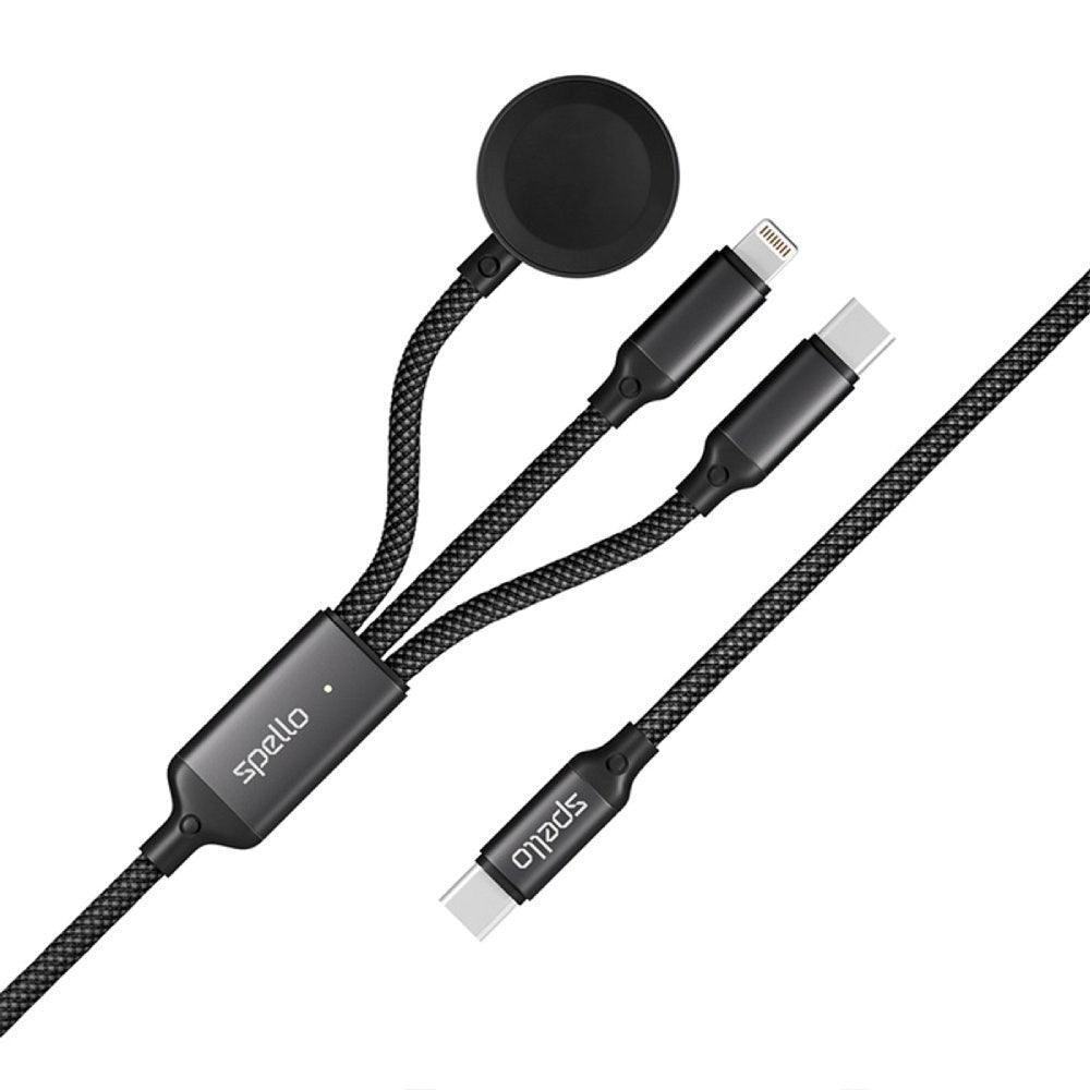 Spello 3-in-1 Multifunctional 100W USB-C Cable with USB-C - Lightning - Apple Watch Charger - Black