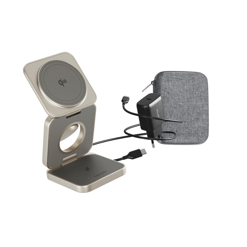 Epico UltraBase Qi2 Fold Alu Mag+ 3-in-1 Wireless Charger - MagSafe Compatible - Titanium