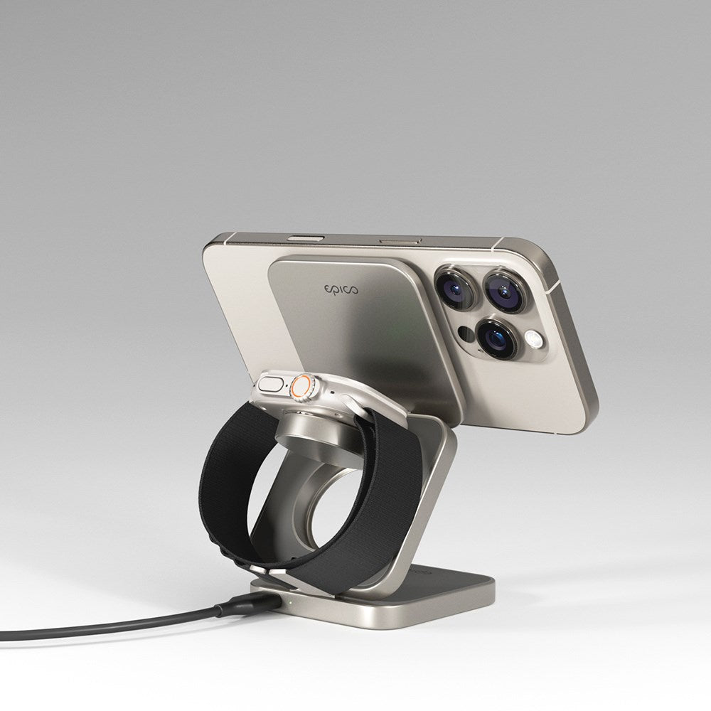 Epico UltraBase Qi2 Fold Alu Mag+ 3-in-1 Wireless Charger - MagSafe Compatible - Titanium