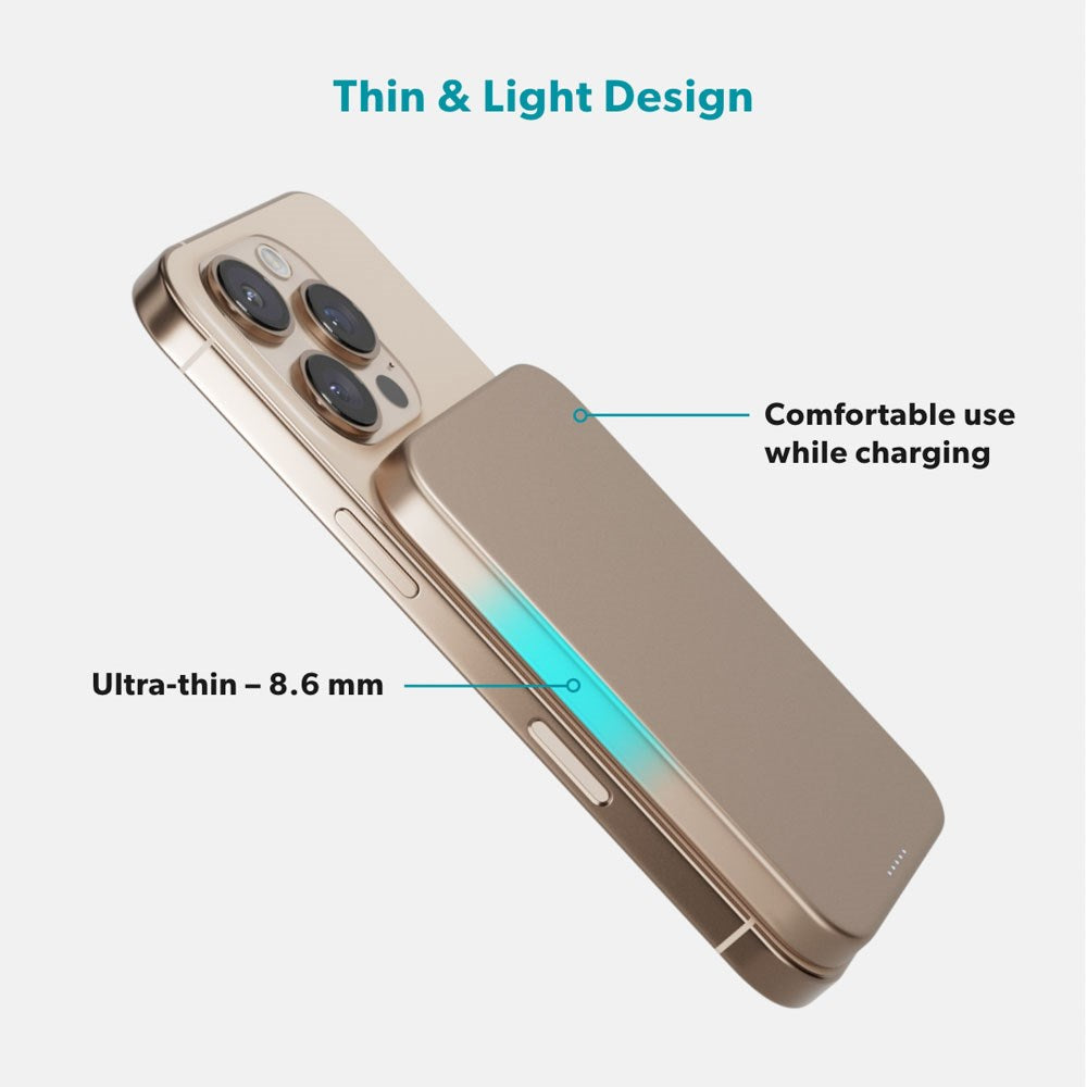 Epico 15W UltraPack EM51 Slim Alu Mag+ 5000 mAh Power Bank with USB-C - Qi2 / MagSafe Compatible - Desert Titanium