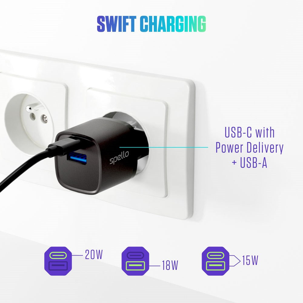 Spello 20W PD (Power Delivery) Wall Charger with 1 x USB-C 1 x USB-A- Black