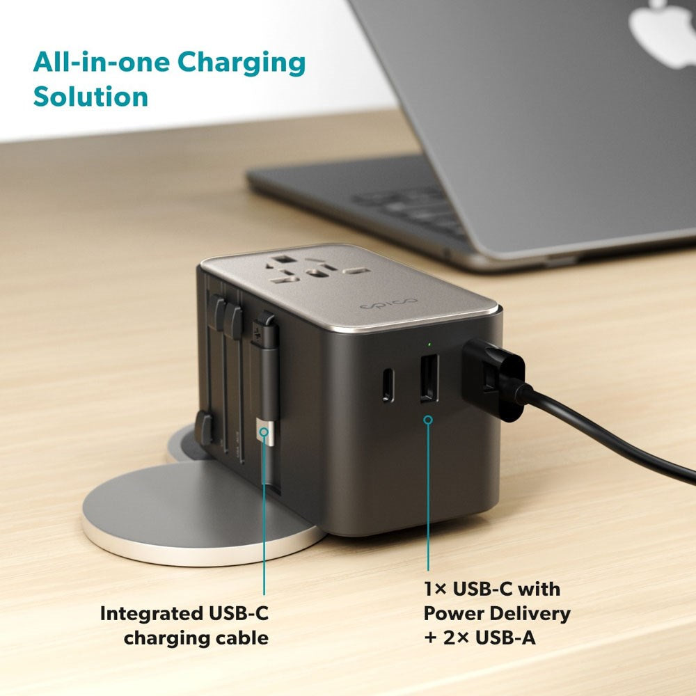 Epico UltraBoost Universal Travel Adapter 70W with 2 x USB-A 1 x USB-C - Titanium