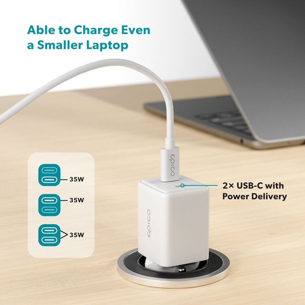 Epico UltraBoost GaN 35W Wall Charger with 1.2m USB-C to USB-C Cable - 2x USB-C - White