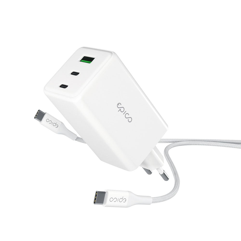 Epico UltraBoost GaN 100W Wall Charger with 1.2m USB-C to USB-C Cable - 2x USB-C / 1x USB-A - White
