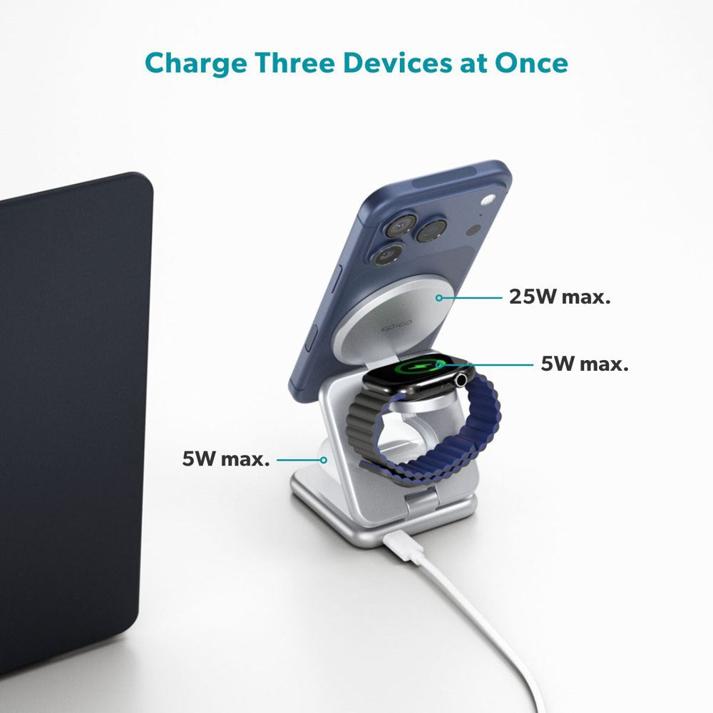 Epico UltraBase EF60 3-in-1 Fold Metal Mag+ Wireless Charger - 25W - Qi2 / MagSafe Compatible - Silver