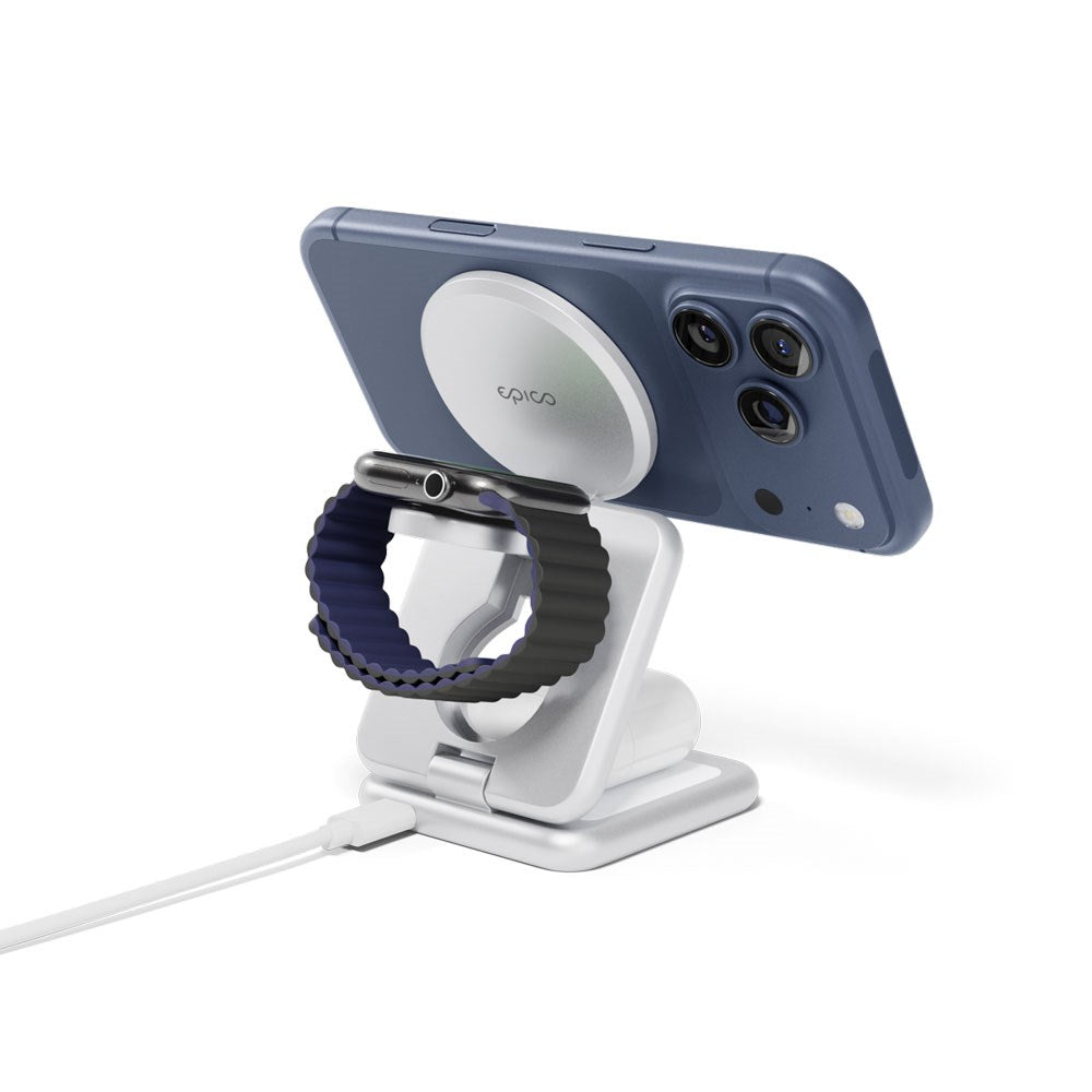 Epico UltraBase EF60 3-in-1 Fold Metal Mag+ Wireless Charger - 25W - Qi2 / MagSafe Compatible - Silver