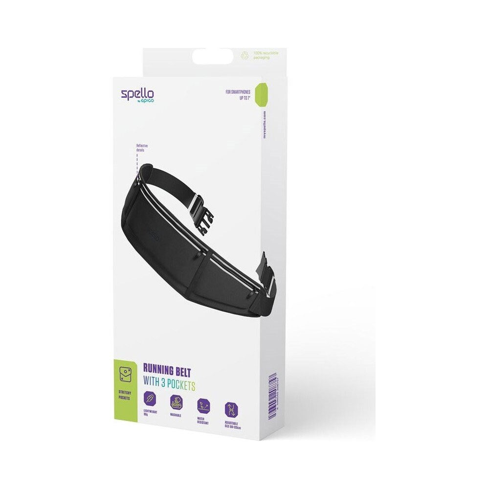 Spello Adjustable Running Belt with 3 Pockets - Max. 7" - Black