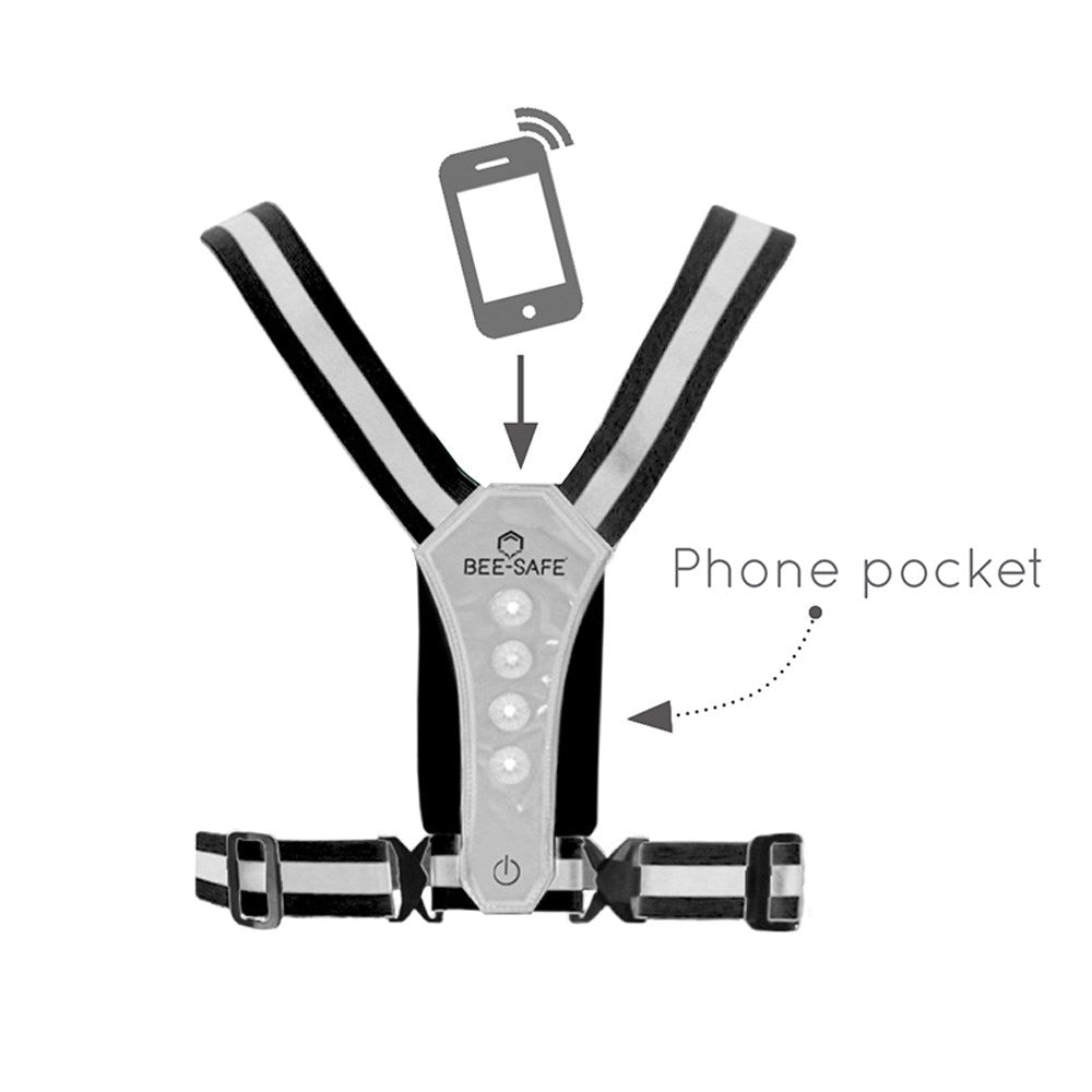Bee-Safe Reflective Running Vest with Light & Phone Pocket - Silver