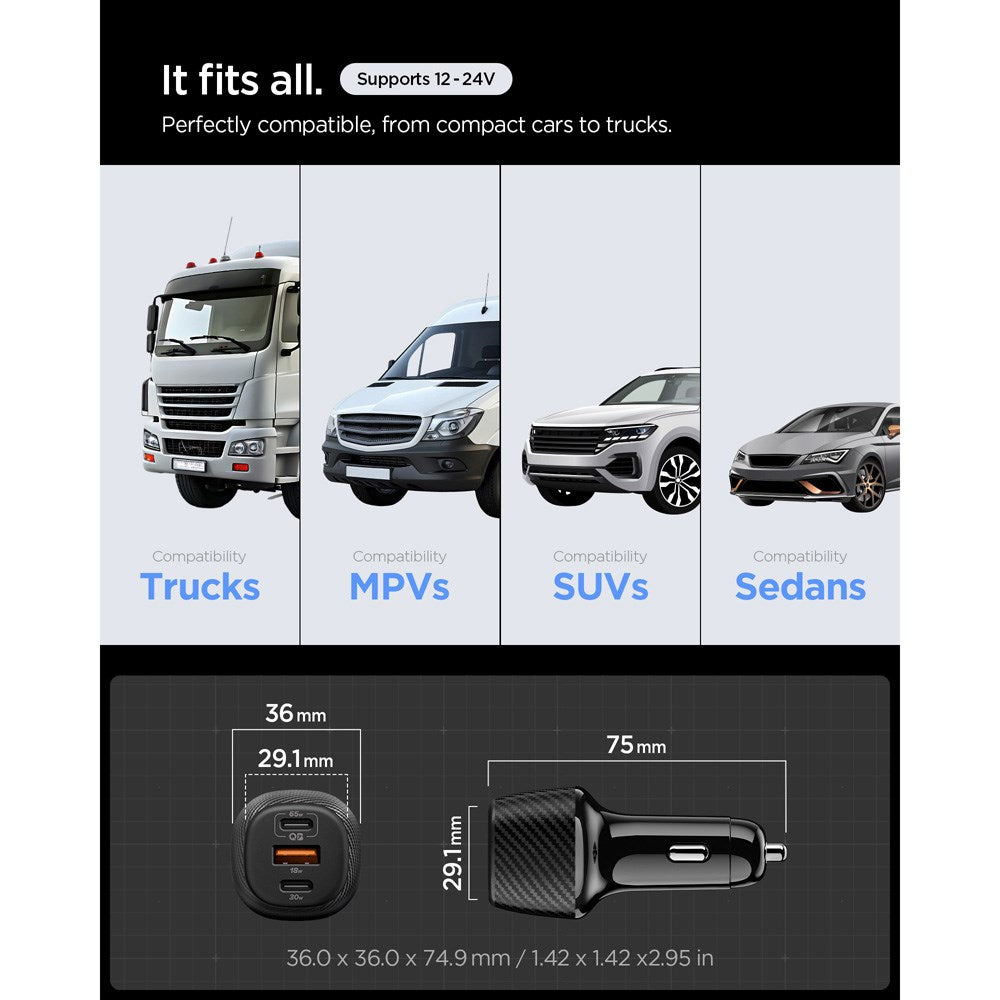 Spigen Essential 113W Car Charger with 2 x USB-C & 1 x USB-A – Black