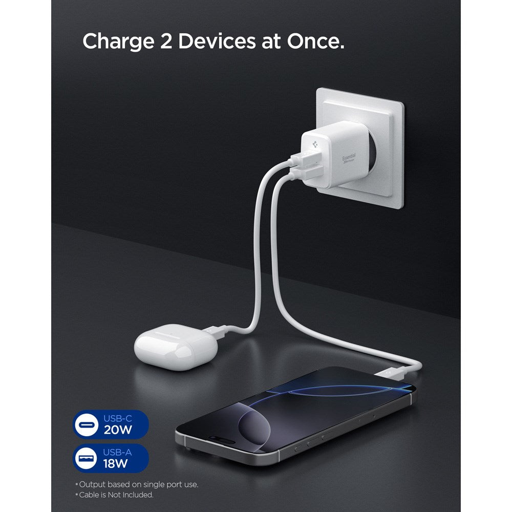 Spigen Essential 20W Wall Charger with 1 x USB-C & 1 x USB-A - White