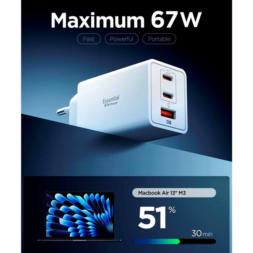 Spigen 67W Wall Charger with 2x USB-C & 1x USB-A - White